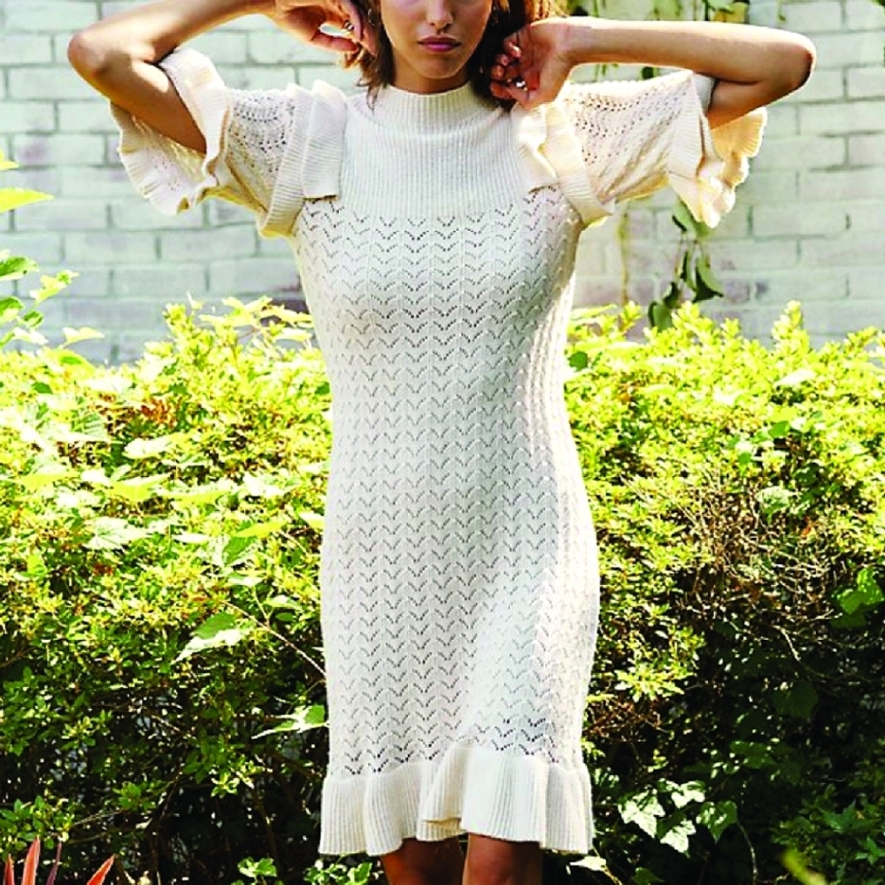 Happy X Nature Knit Ruffle Knee-length Dress in Cream Size Medium